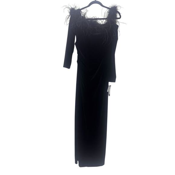 Xscape Feather Trim Off the Shoulder Long Sleeve Scuba Velvet Gown Size 12 NWT - Picture 7 of 12